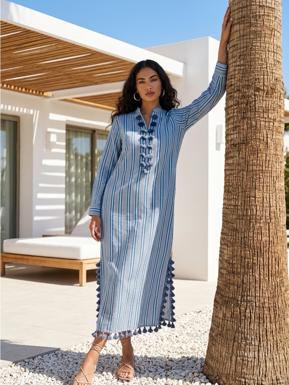 Figue‎ Striped Tassel Trim Long Caftan Dress. Sz L